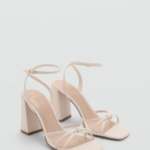 Mango Cream Strappy Ankle-Tie Block Heels